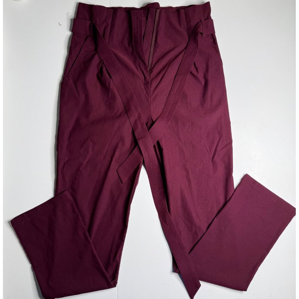 Womens Burgundy High-Waisted Pants With Belt Size XL Windsor Cotton Blend Straig